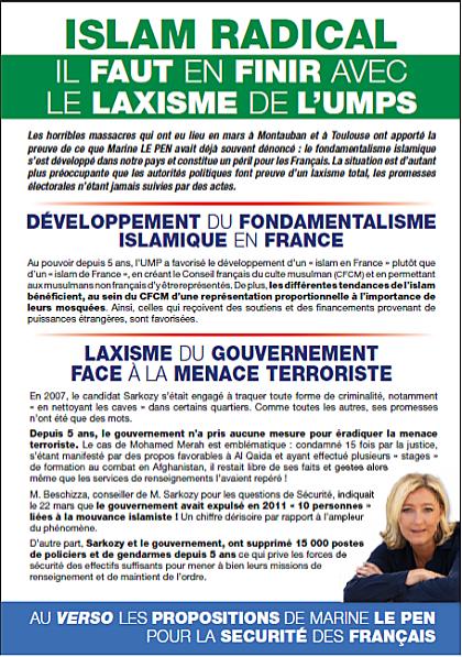 Marine Le Pen Islam Radical leaflet