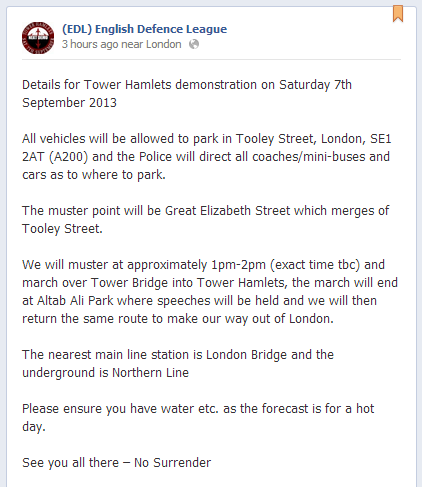 EDL Tower Hamlets demo announcement
