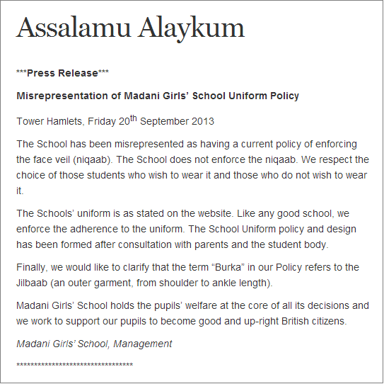Madani Girls’ School press release