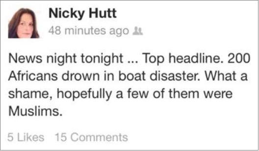Nicky Hutt's Facebook post