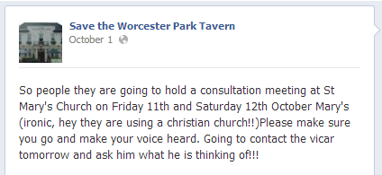 Save the Worcester Park Tavern objects to consultation meeting in church